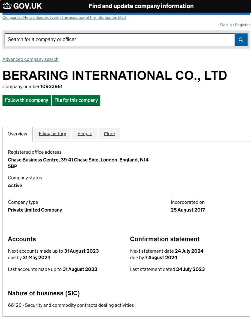 Beraring International Co., Ltd的注册信息