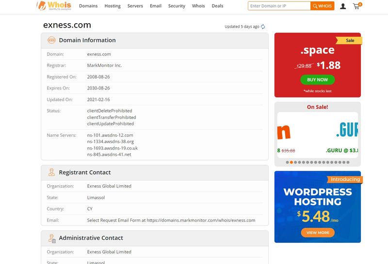 Exness domain registration time