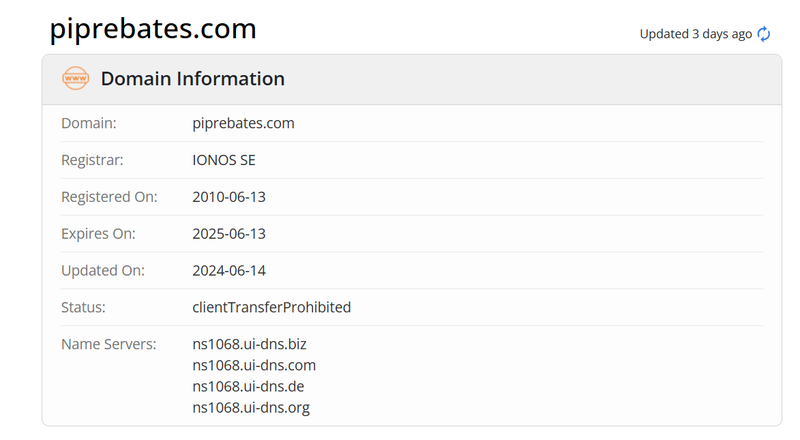 PIPRebates.com Whois domain age data