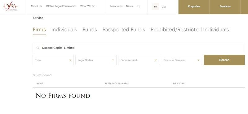 Dspace Capital Limited lacks DFSA approval