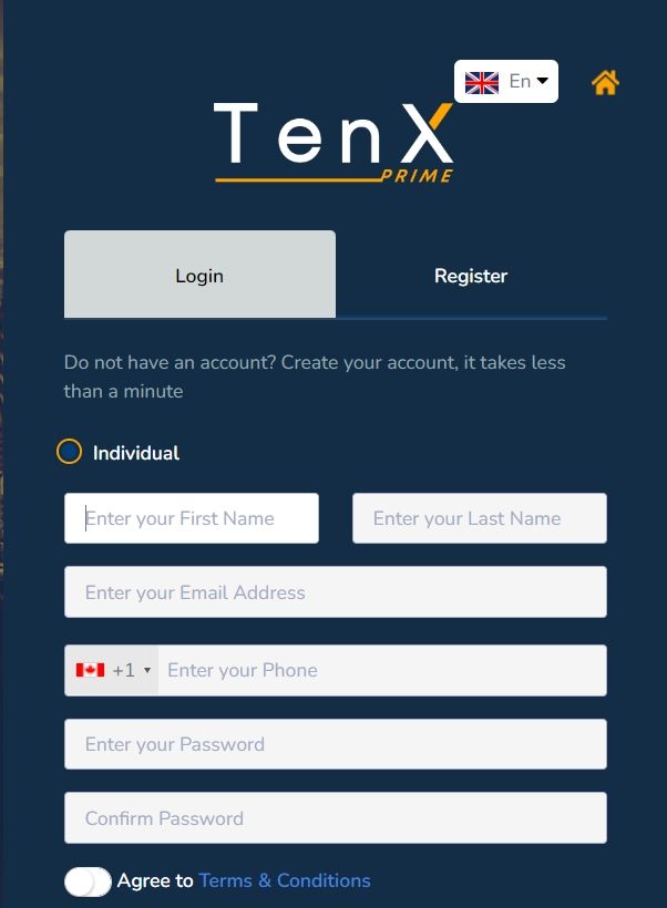 注册TenX Prime账户