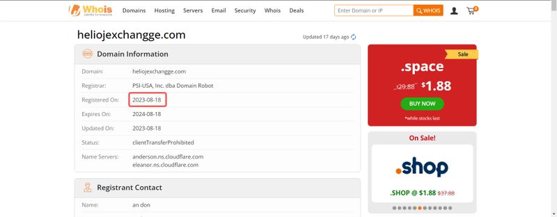 Thời gian đăng ký tên miền của Helioj Exchange