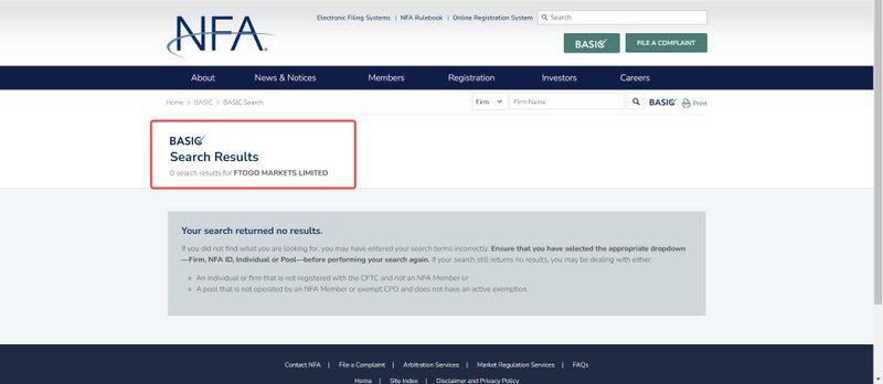 FTooo markets limited的NFA监管查询