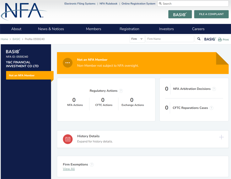 NFA官网也没有查询到Y&C Financial Investment的注册信息