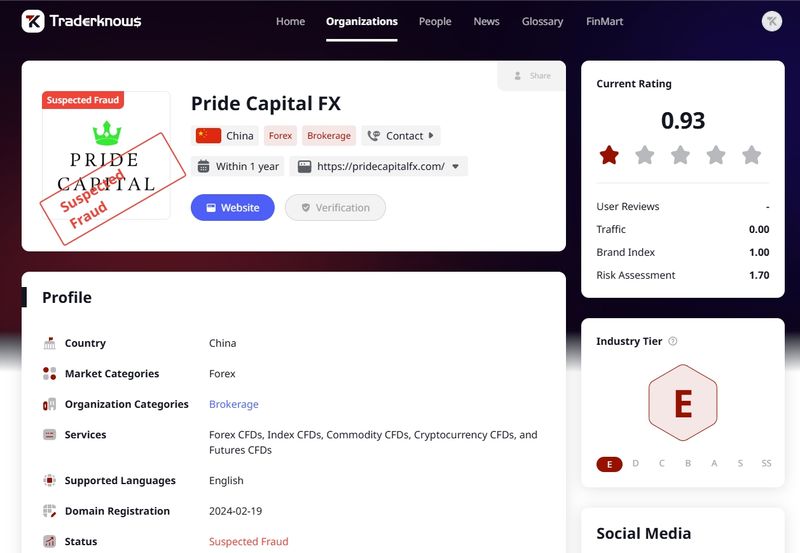目前Pride Capital FX在交易圆百科上显示为“诈骗嫌疑”。