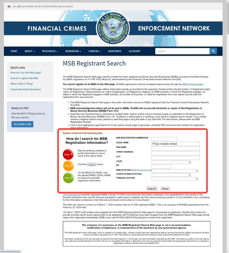 FTooo markets limited的美国MSB监管查询