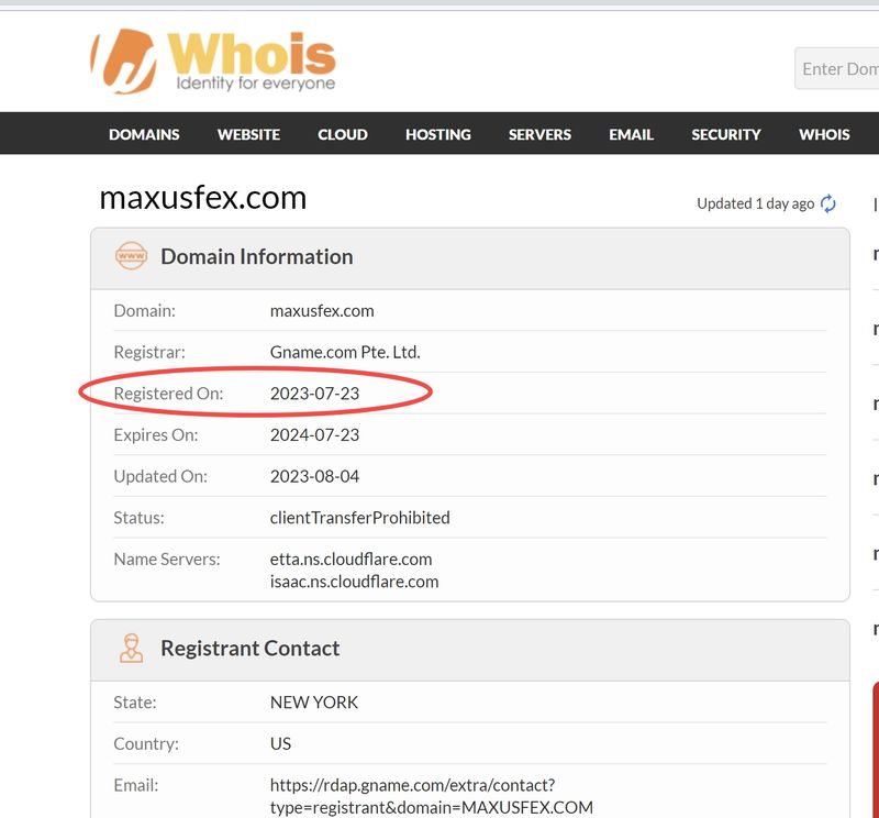 Maxus的Whois域名注册时间截图