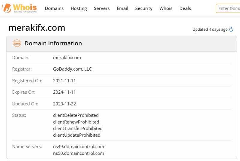 Merakifx的官网域名在whois上显示的注册信息