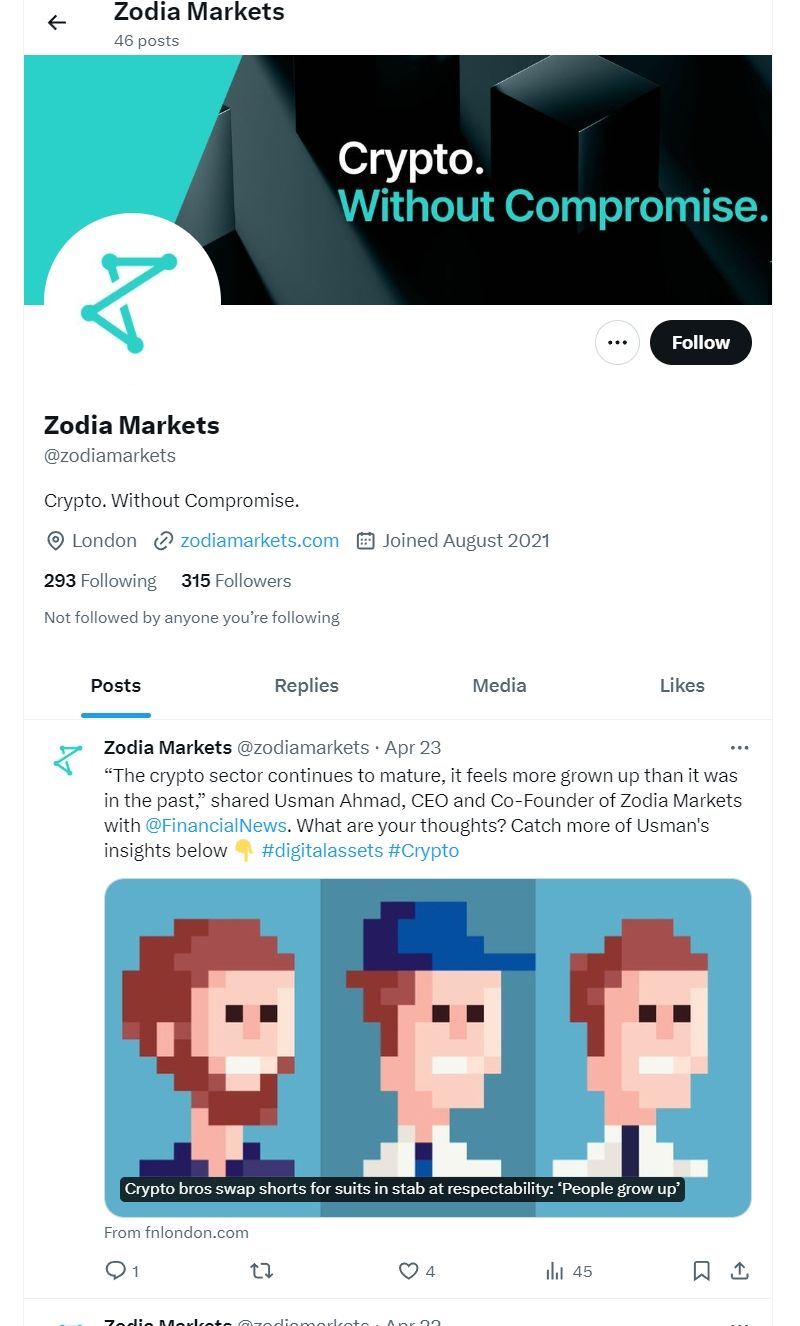 Zodia Markets' Twitter official website information
