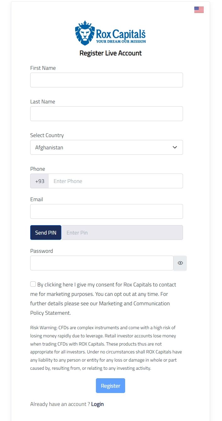 Rox Capitals' account registration process