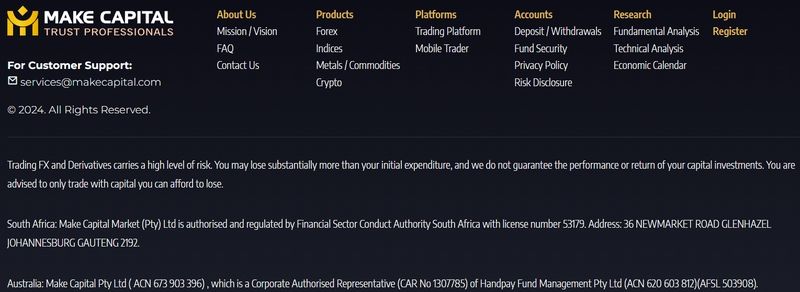 Make Capital在官网上的宣称的监管信息