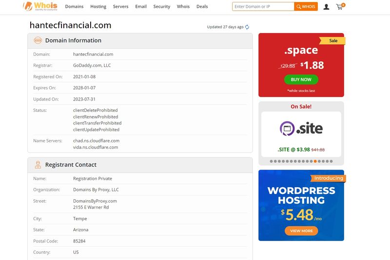 Hantec Financial domain name registration time on whois