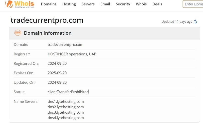 whois domain time of Trade Current Pro