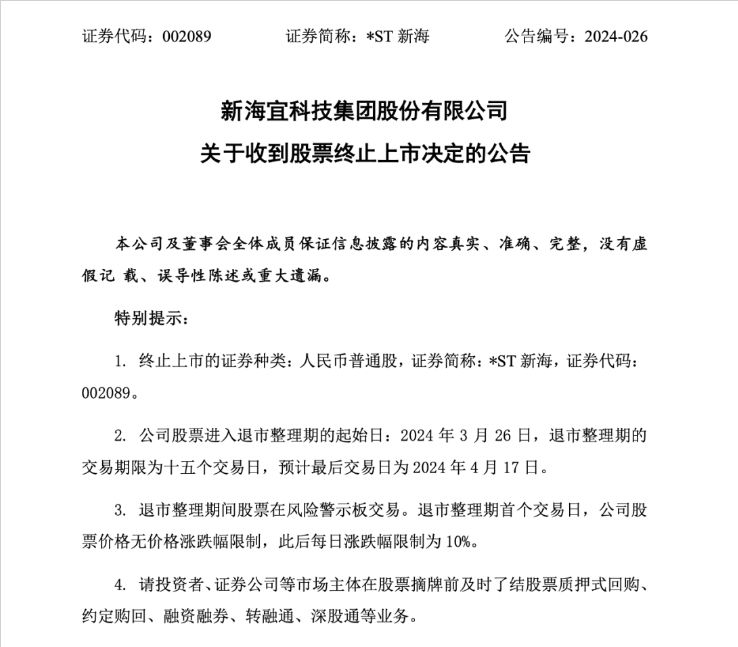 ST新海因重大違法被強制退市