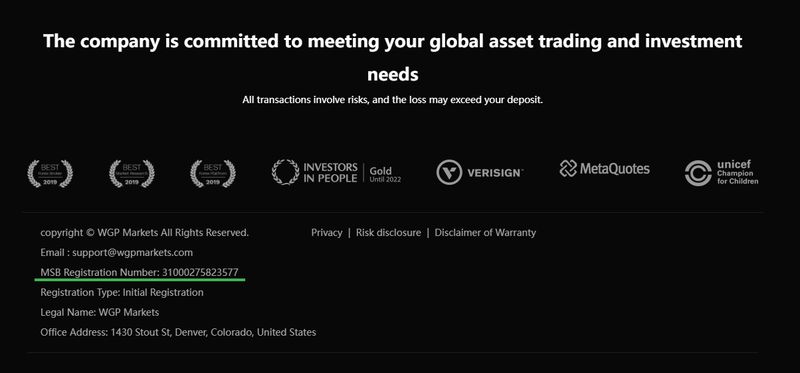 WGP Markets在官网页脚的MSB注册号码