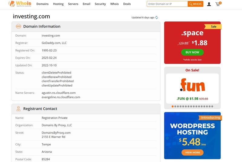Investing.com's domain registration time on whois