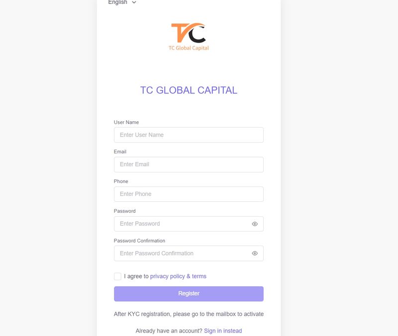 TC GLOBAL CAPITAL的賬戶註冊