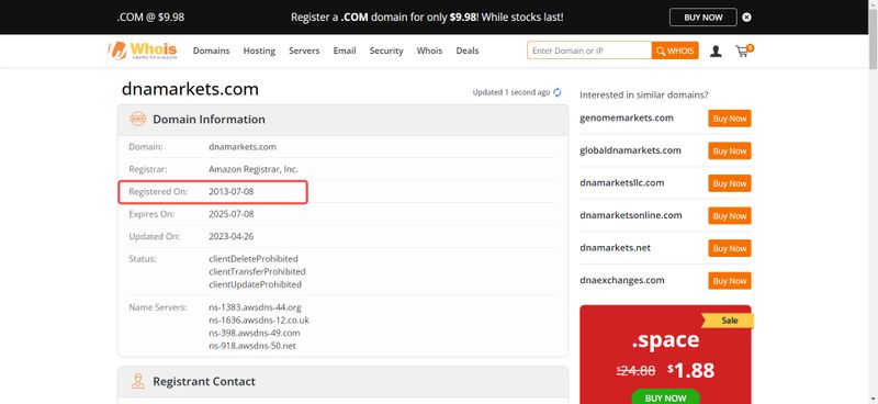 DNA Markets的whois域名年限查询