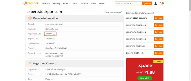 Expertstockpor domain registration time