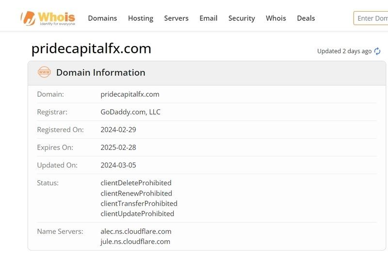 Pride Capital FX官网在whois上的注册信息