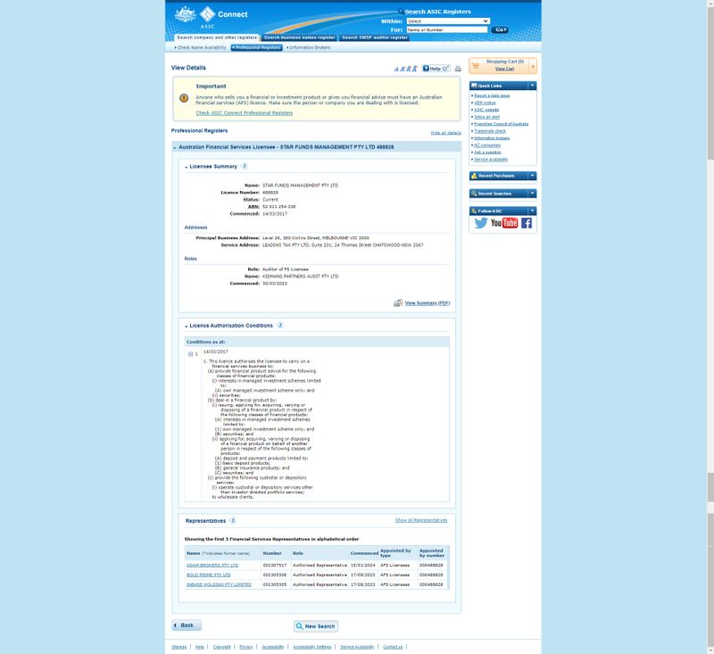 Star Funds Management Pty Ltd的ASIC监管查询