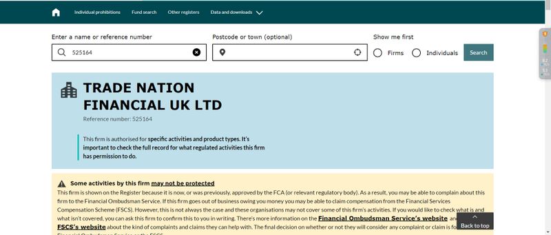 Trade Nation's UK FCA regulatory lookup