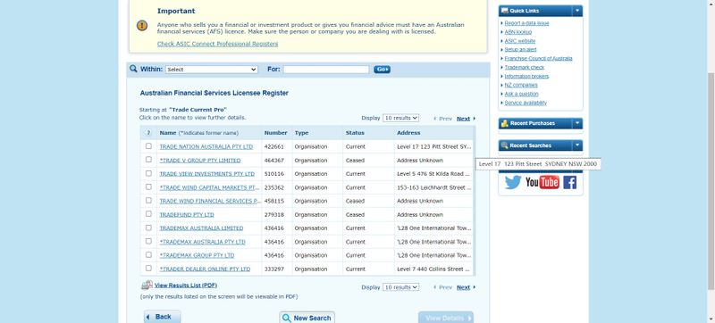 regulation information of Trade Current Pro