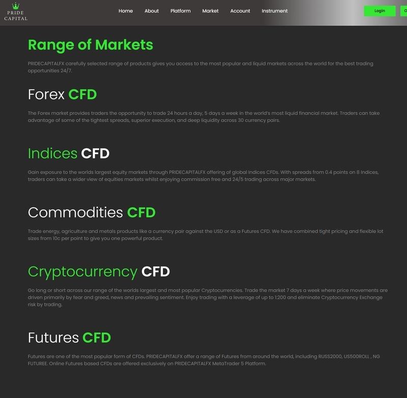 Pride Capital FX提供的交易产品