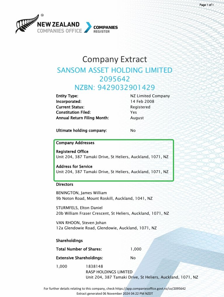 Company registration details for SANSOM ASSET HOLDING LIMITED can be found in the New Zealand register