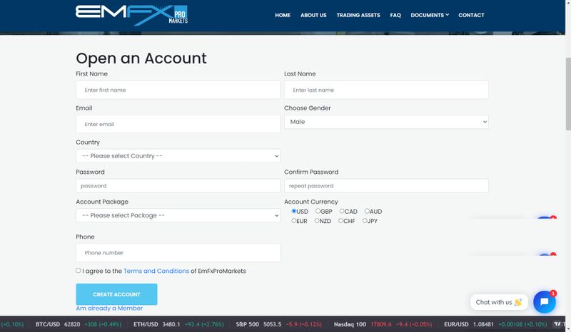 Đăng ký tài khoản tại EmFxProMarkets