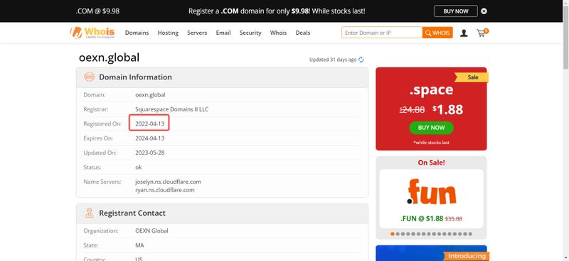 OEXN의 도메인 연도 조회