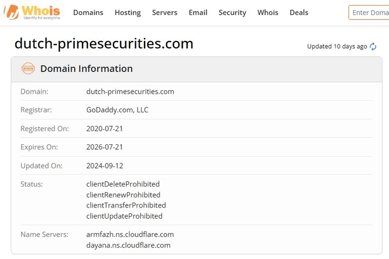 Dutch Prime Securities的官网域名是在2020年7月21日注册的